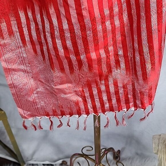 Vintage Silk Red Striped Paisle & Floral Scarf with Fringe - Picture 5 of 11